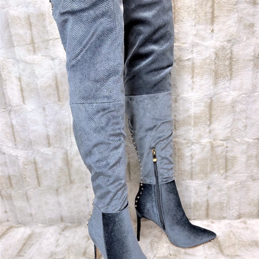 * So Me Blue Studded Thigh High Pointy Toe High Heel Boots - Picture 7 of 11
